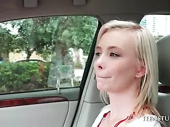 Playful blonde flashing tits and pussy in car