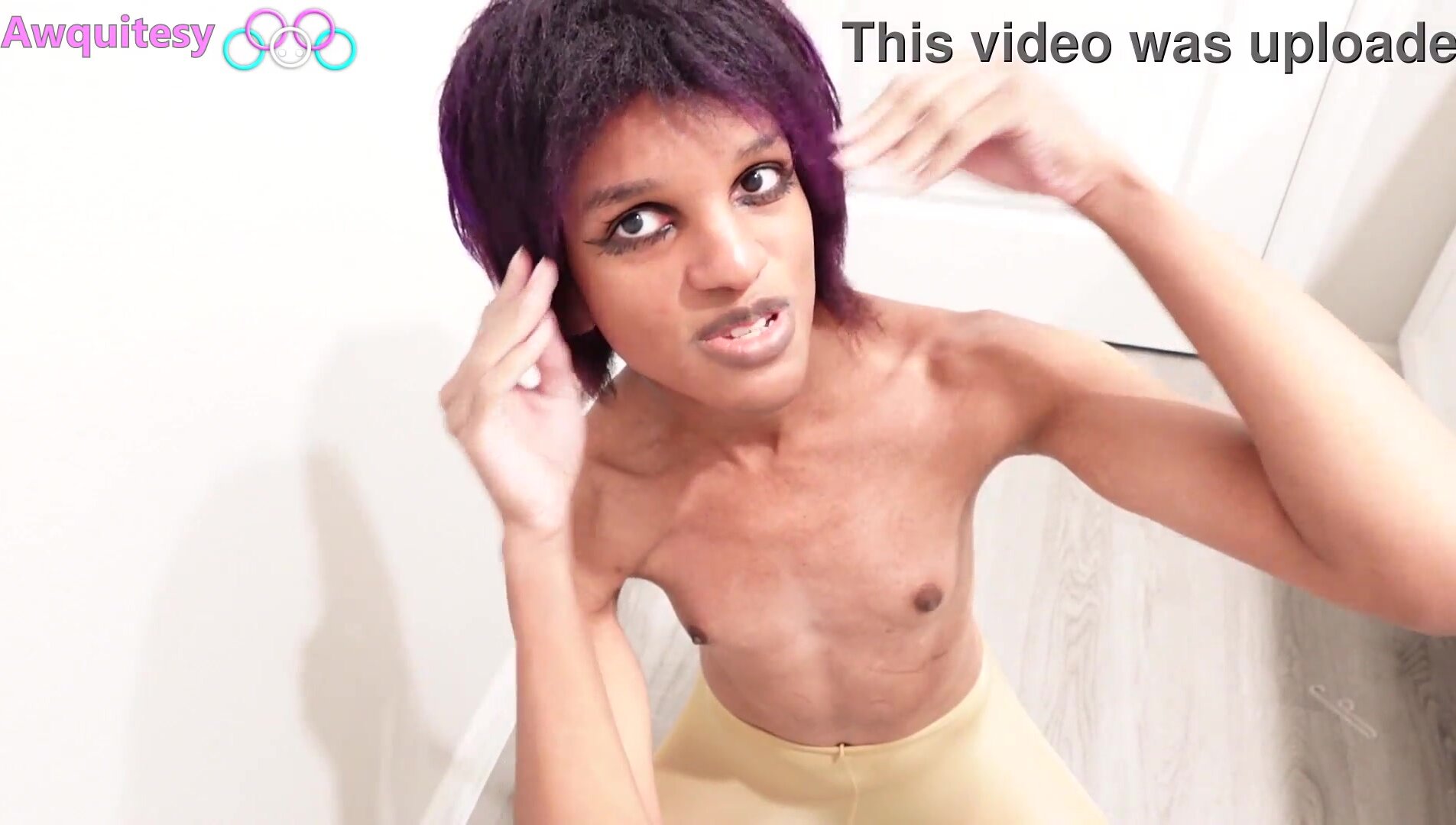 Goth Gymnast Tgirl Plays with Dick after ban from Olymp