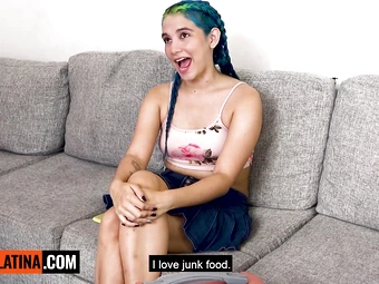 Petite blue haired latina teen Min Galilea anal fucked on the casting couch