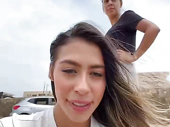 Hot Latina Babe Flashes Abs and Smiles in Car and Beach Selfies